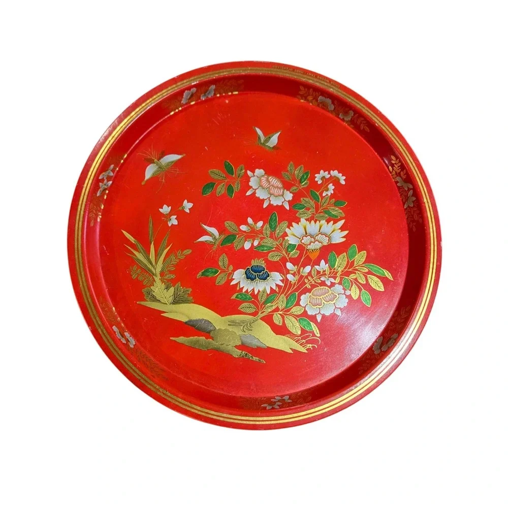 China Woods Floral Butterfly Round Metal‎ Tray Red Gold Made in England